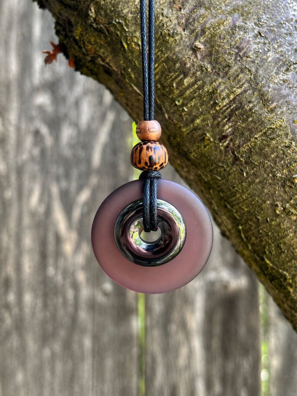 Hematite and Purple Sea Glass Pendant | Handmade - Picture 3 of 6